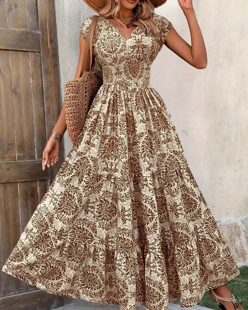 Kleid Retro Print V-Ausschnitt Tailliert Lang