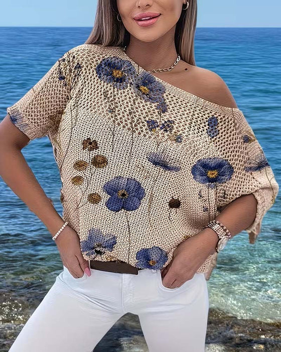 Pullover Rundhals Blumig Ausgeschnitten Locker