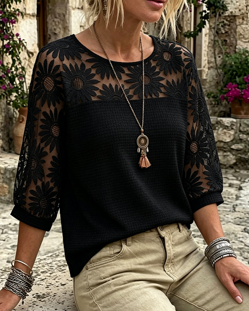 T-Shirt Runder Hals Spitze Waffel Patchwork