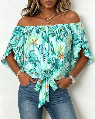 Bluse Ozean Druck Off-Shoulder Binden