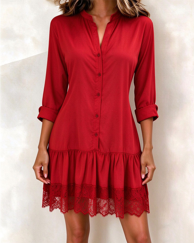 Kleid Stehkragen Patchwork Spitzenbesatz