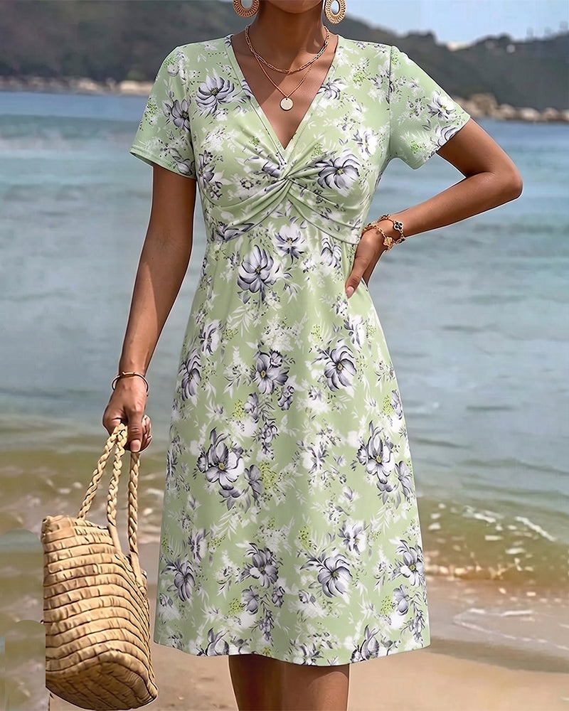 Kleid Blumen V-Ausschnitt Twist Knoten