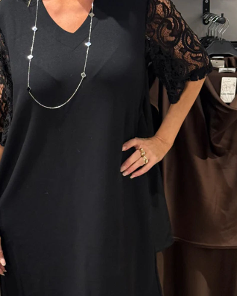 Kleid Stilvoller V-Ausschnitt Kleid Mit Spitzenärmeln