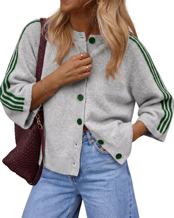 Cardigan Gestreift 3/4 Ärmel Knopf