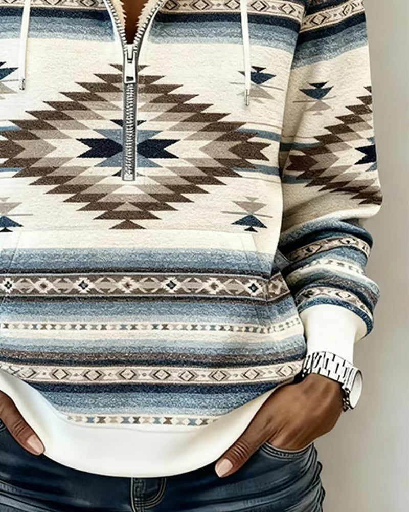 Sweatshirt mit Retro-Print und halbem Reißverschluss