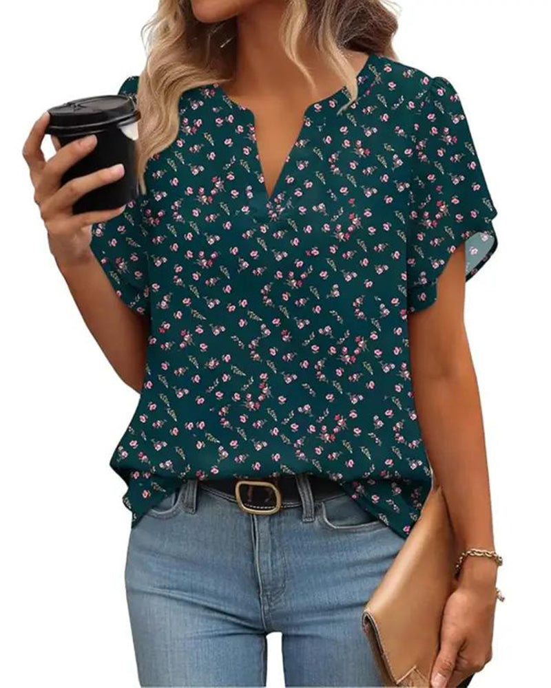 Bluse Blumenprint Kleiner V-Ausschnitt