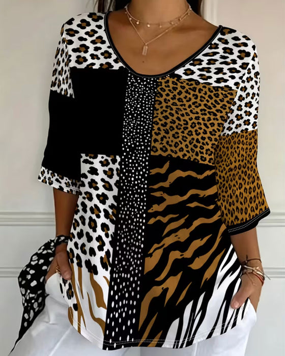T-Shirt Leopard Zebra Rundhalsausschnitt Halbarm