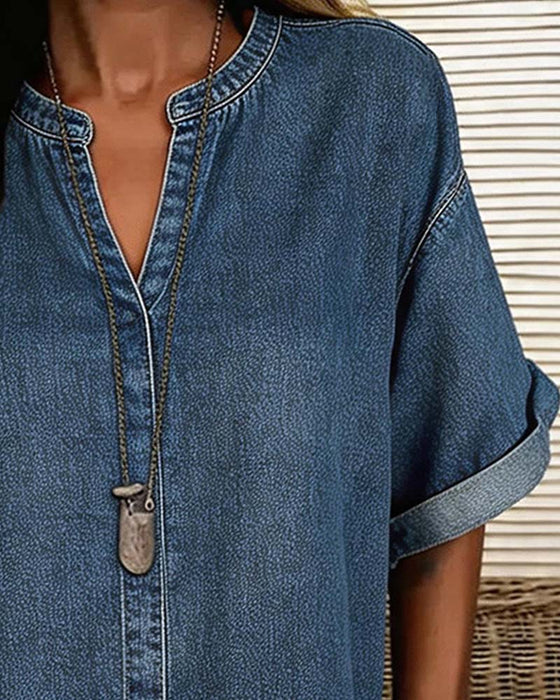 Blusen V-Ausschnitt Denim Kurzarm