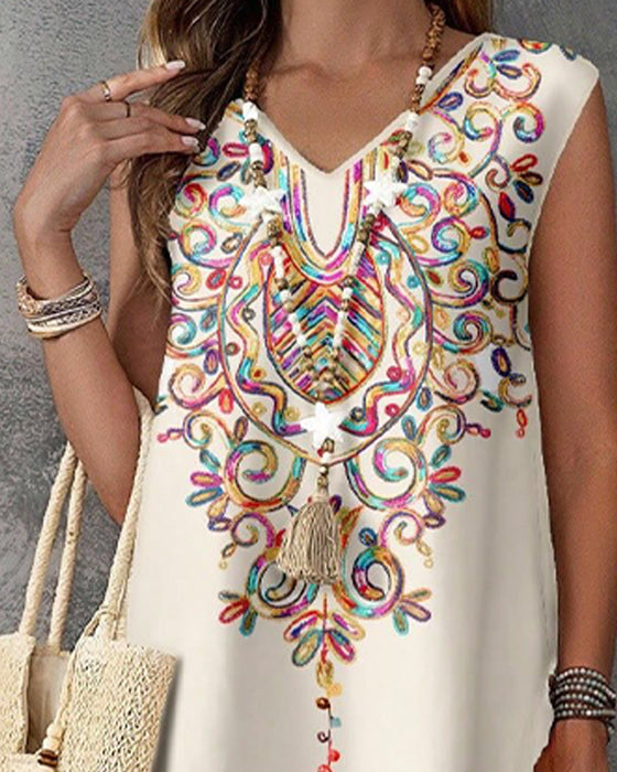 Kleid Ethno-Stil Print Ärmellos Schlitz Lang