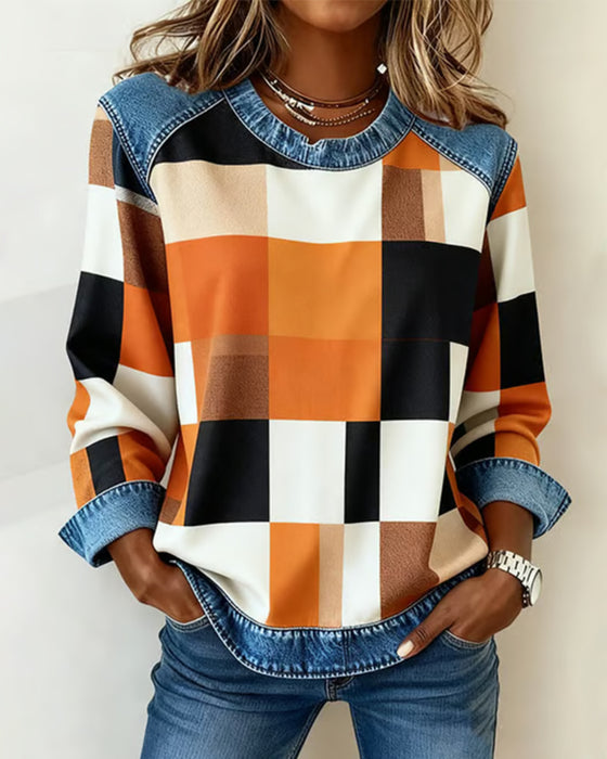 Sweatshirt mit Karo-Patchwork und Kontrastfarbe