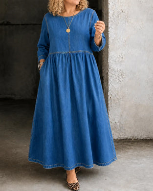 Kleid Rundhals Plissiert Langer Ärmel Denim