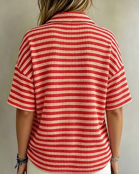 Bluse Polo Kragen Gestreift Knopf Vorne