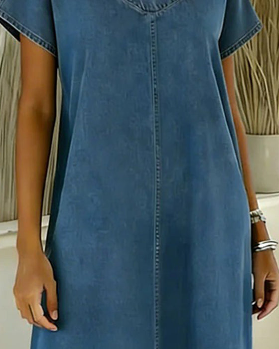Kleid Lässig V-Ausschnitt Kurzarm Denim