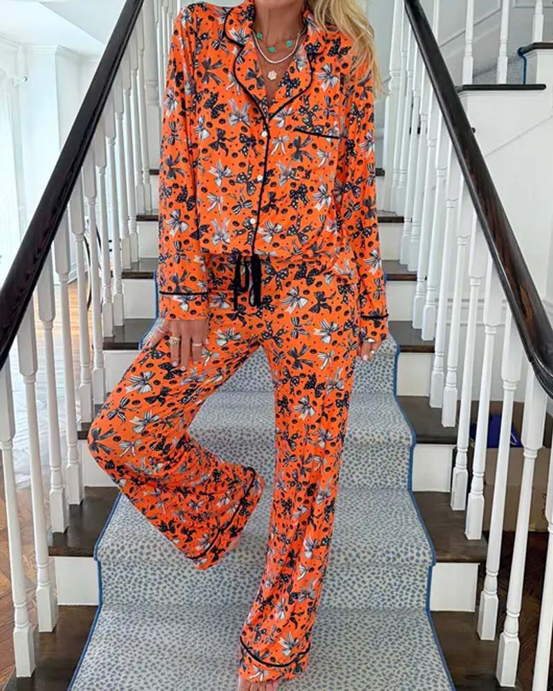 Pyjama Set Hemdkragen Bedruckt Knopf