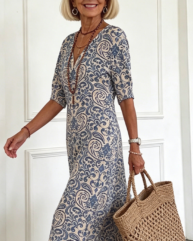 Kleid Vintage Blumenmuster V-Ausschnitt Maxi