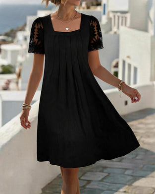Kleid Quadratischer Ausschnitt Uni Spitze Patchwork Hohe Taille