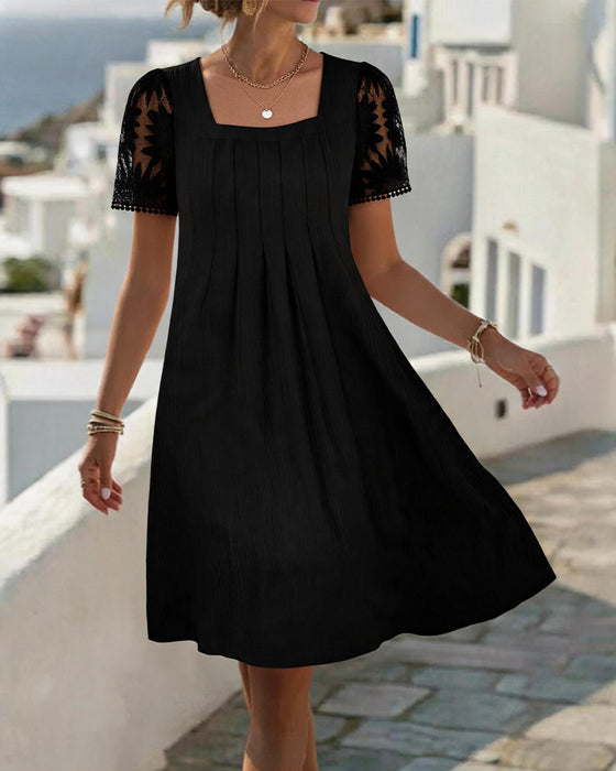 Kleid Quadratischer Ausschnitt Uni Spitze Patchwork Hohe Taille