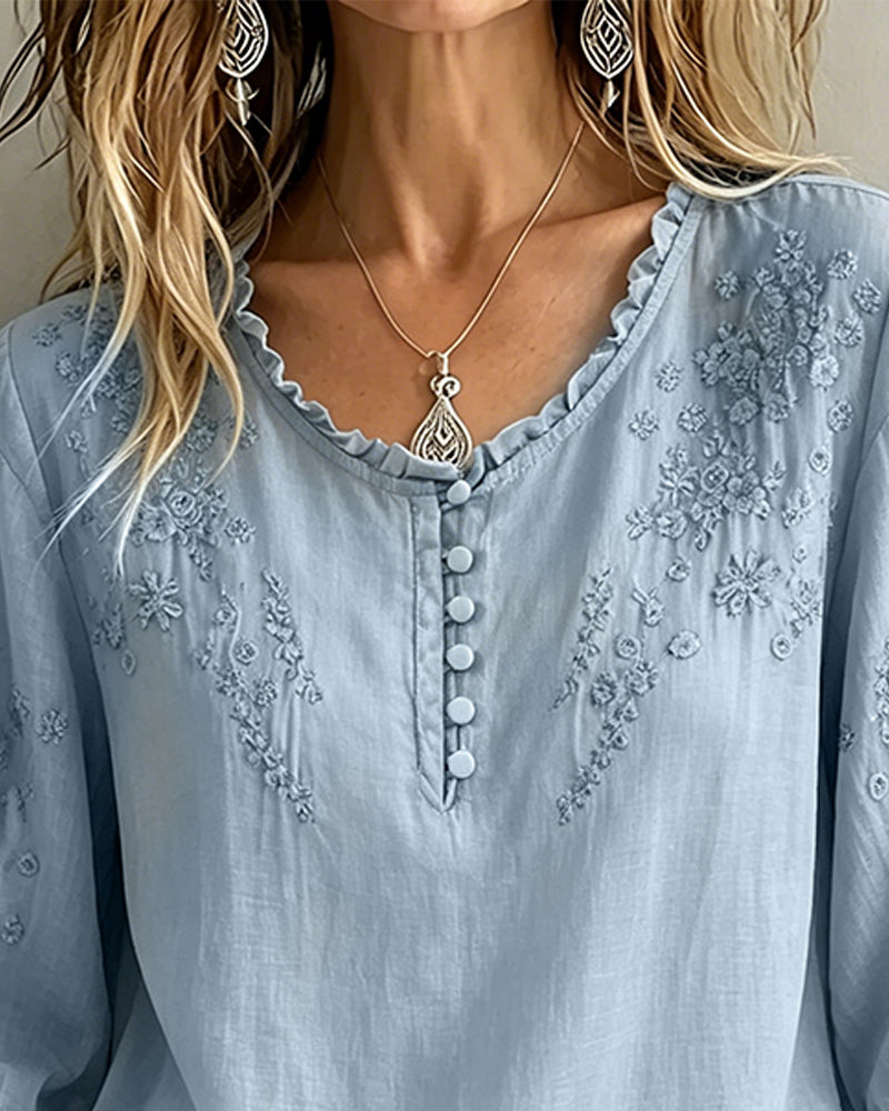 Bluse Stickerei 3/4-Arm Einfarbig