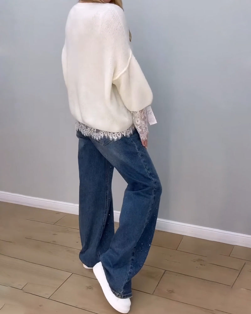 Pullover stylisch gemütlich Spitze Patchwork