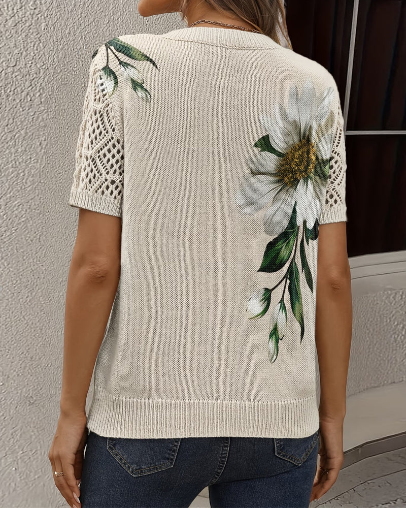 Pullover V-Ausschnitt Gestrickt Geblümt