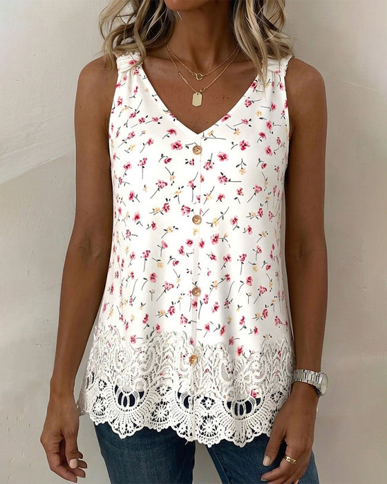 Tank Top V-Ausschnitt Spaghettiträger Blumig Spitze Patchwork