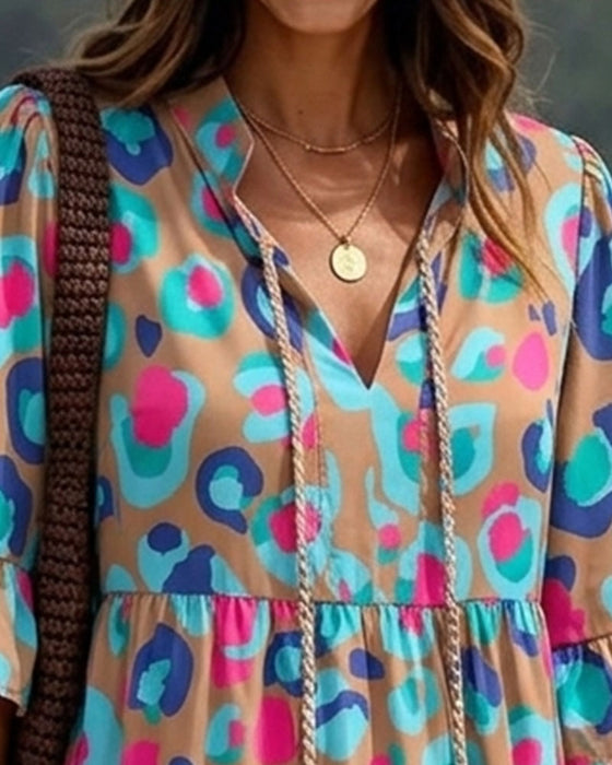 Kleid Bunt Druck Franse V-Ausschnitt Resort