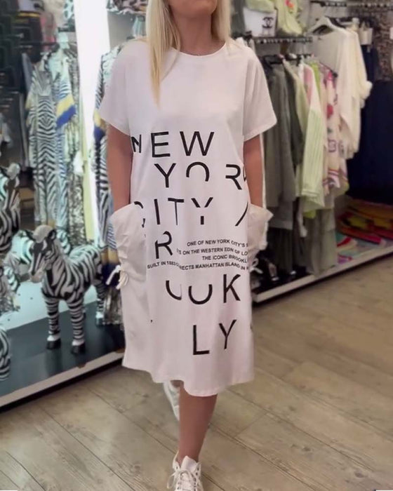 Kleid Lose Kurzärmelig Bedruckt Große Tasche