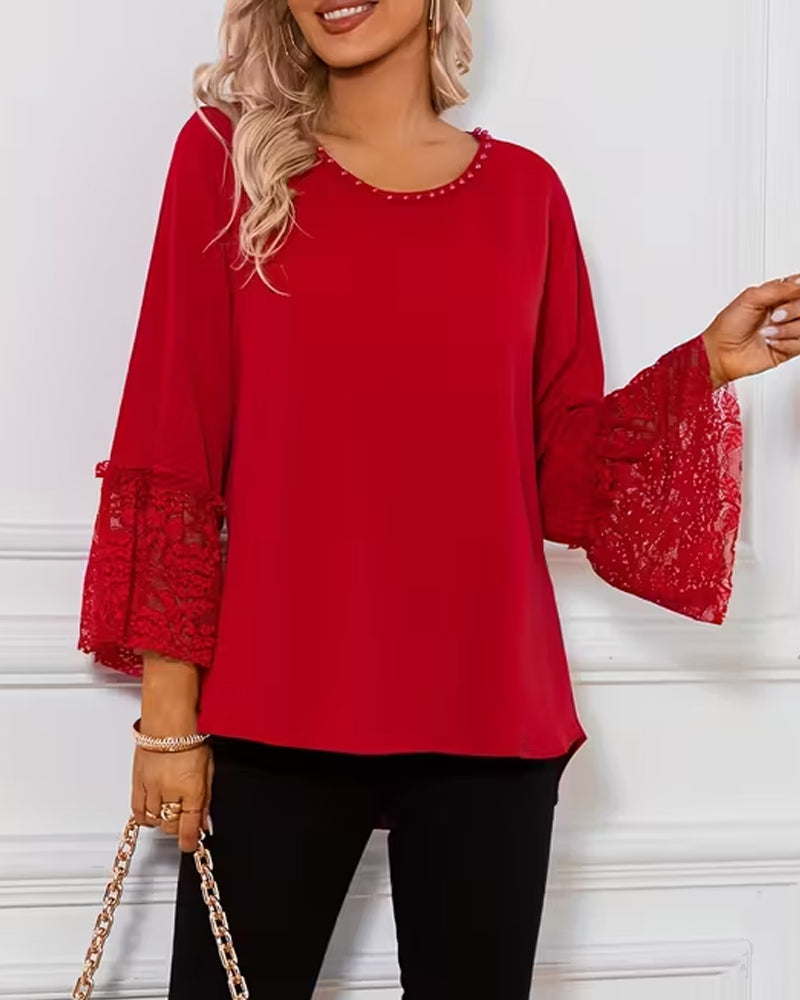 Bluse Spitze Glockenärmel Crewneck