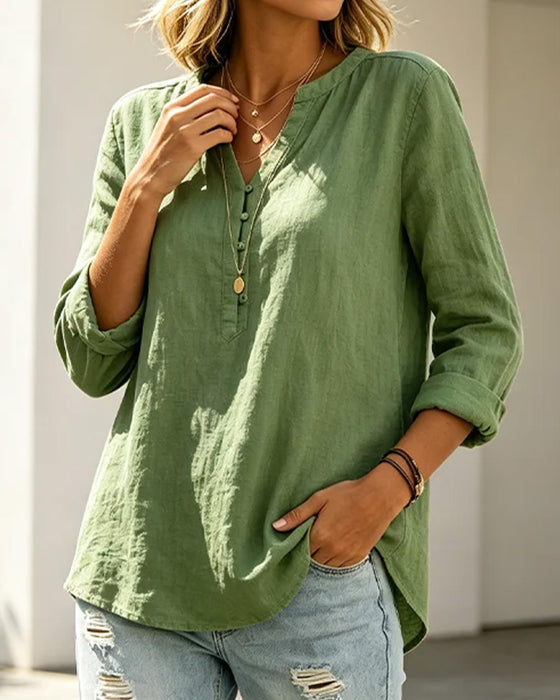 Bluse Langarm V-Ausschnitt Knopf