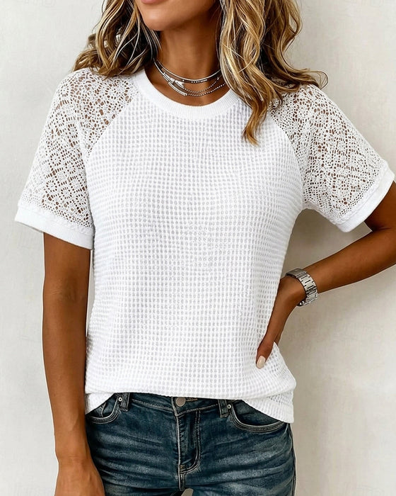 T-Shirts Rundhals Waffel Spitze Patchwork
