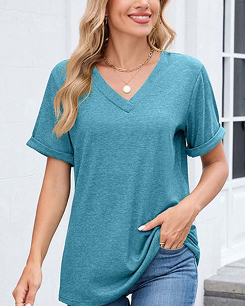 T-Shirt Einfarbig V-Ausschnitt Lässig Kurzarm