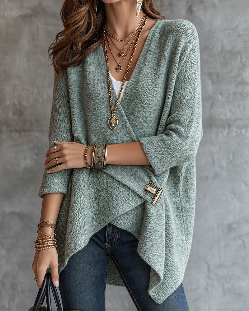 Pullover V-Ausschnitt Kreuz Metallknopf Asymmetrisch