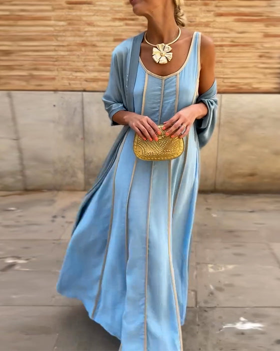 Gesetzt Gedruckt Rundhals Langkleid Casual Top Zwei Teile