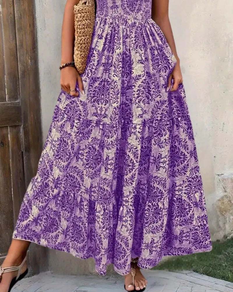 Kleid Retro Print V-Ausschnitt Tailliert Lang