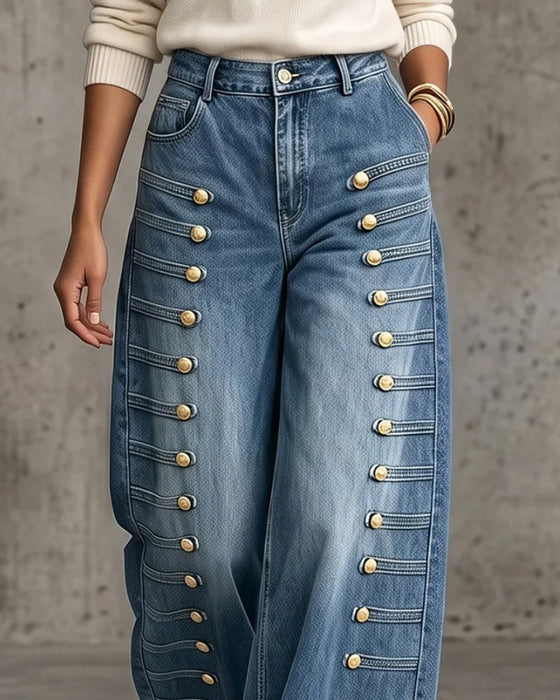 Hose Knopf Tasche Weitgeschnitten Denim Lang