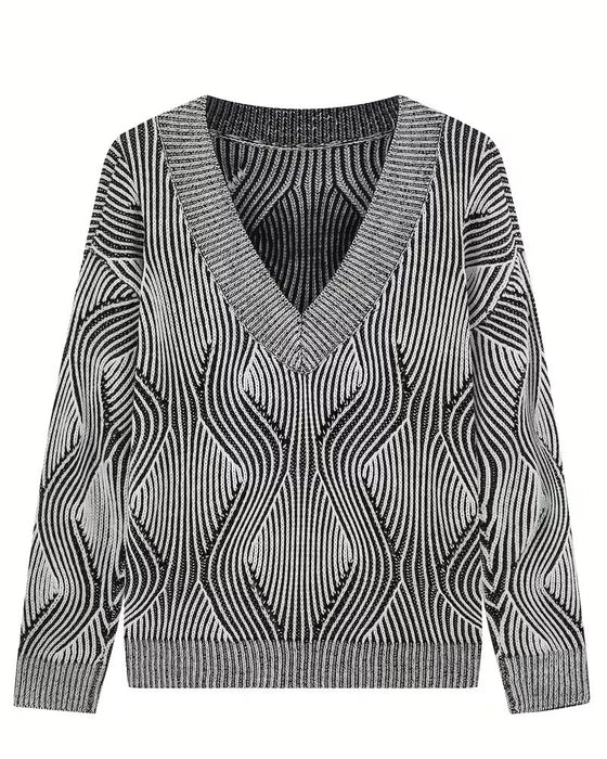 Pullover Geometrisch Gestreift V-Ausschnitt Langarm