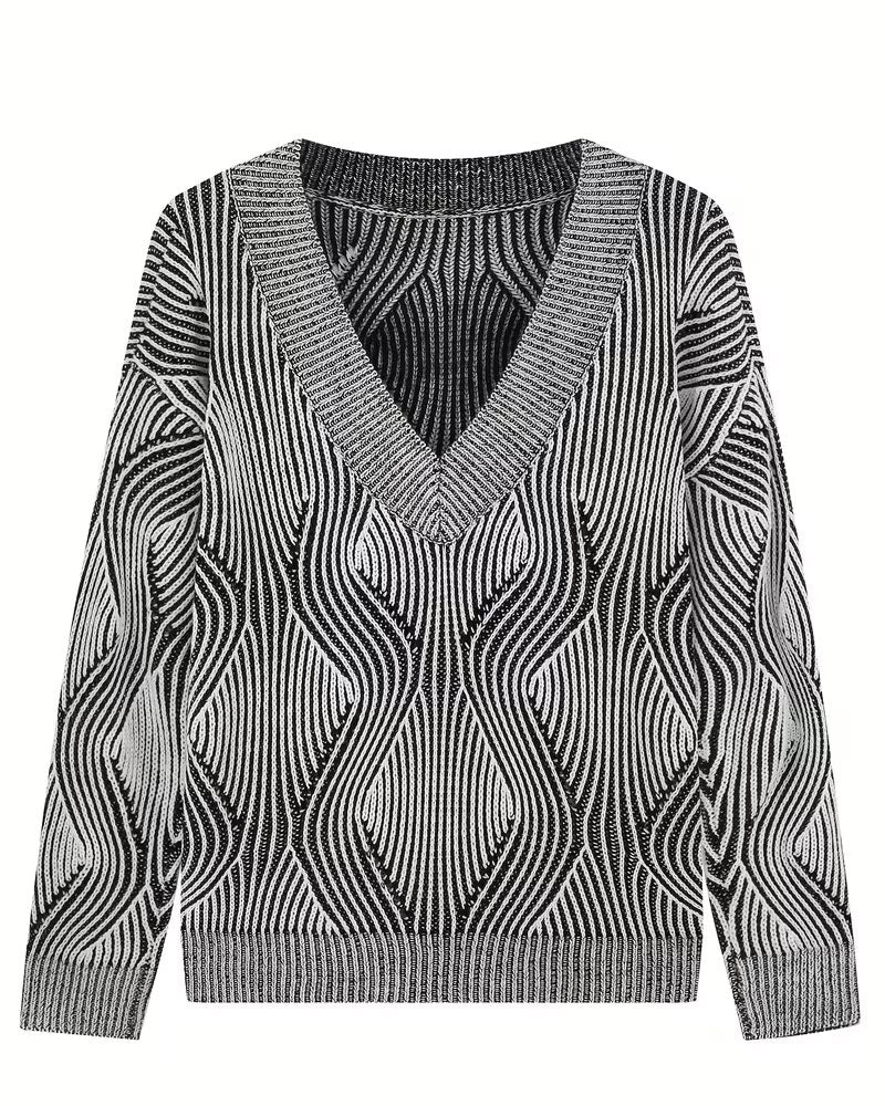 Pullover Geometrisch Gestreift V-Ausschnitt Langarm
