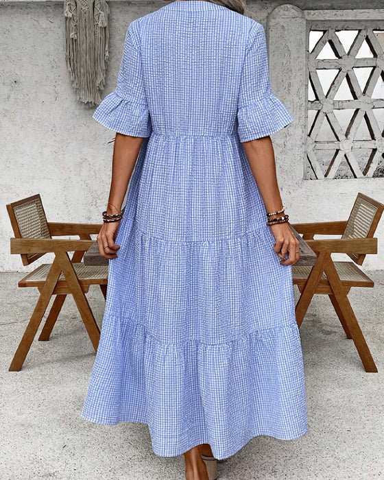 Kleid Blau Weiß Gingham V-Ausschnitt