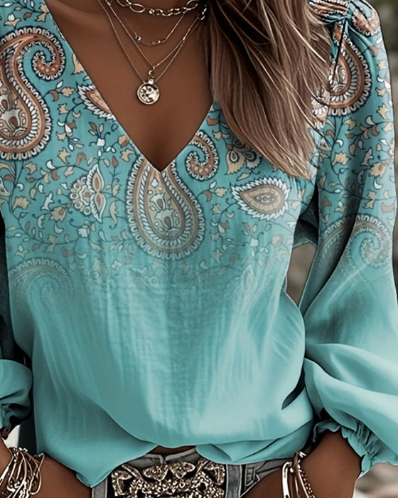 Bluse Farbverlauf Paisley-Muster V-Ausschnitt Puffärmel