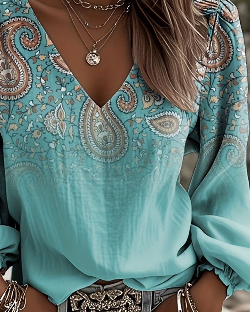 Bluse Farbverlauf Paisley-Muster V-Ausschnitt Puffärmel