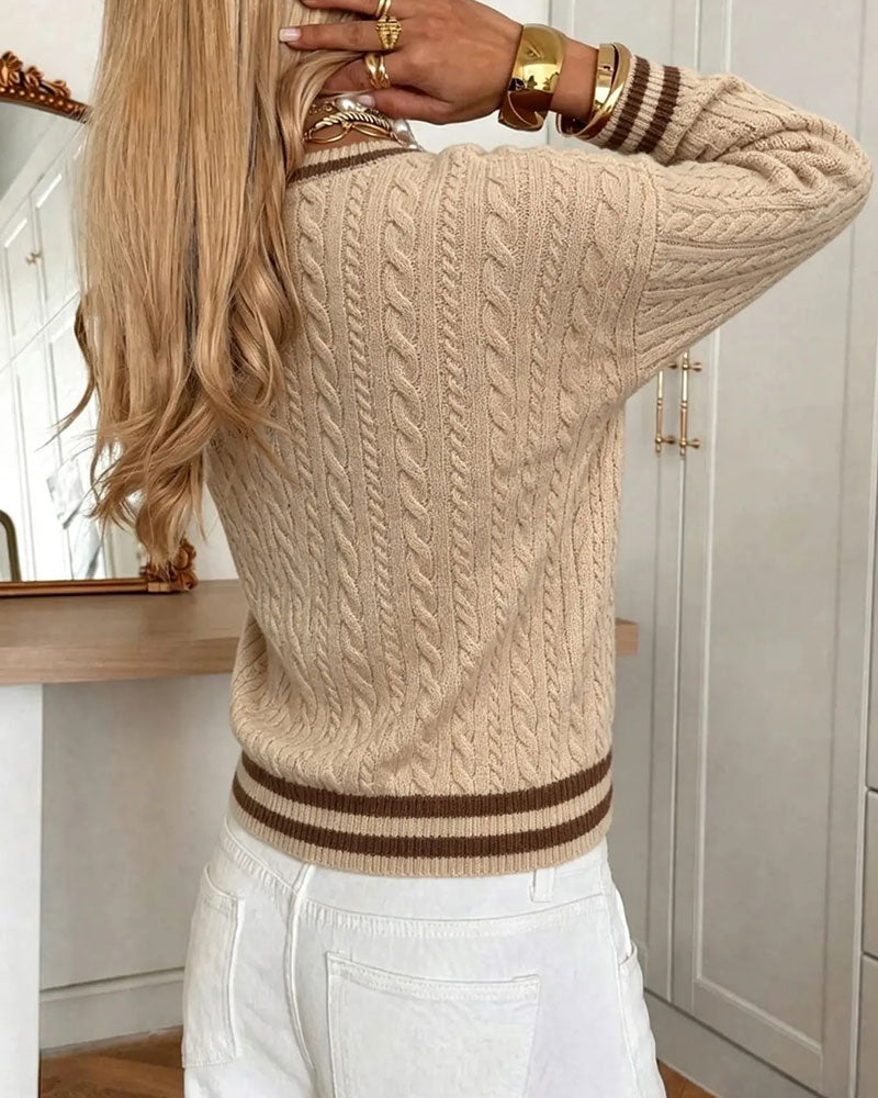 Pullover Kontrastbesatz V-Ausschnitt Pullover