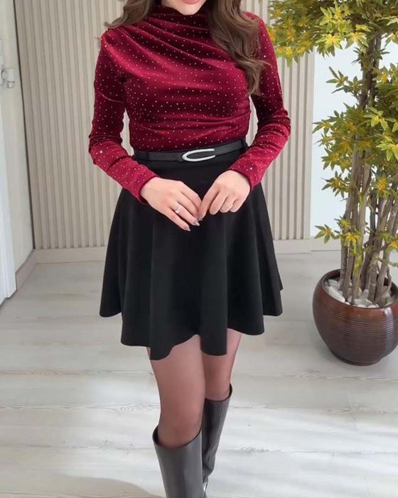 Unifarbenes schimmerndes Langarm-Top