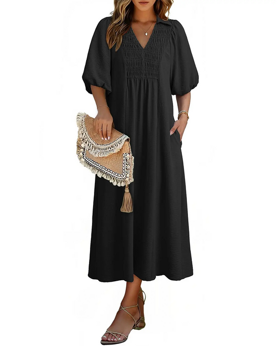 Kleid V-Ausschnitt Klappe Puff Ärmel Maxi