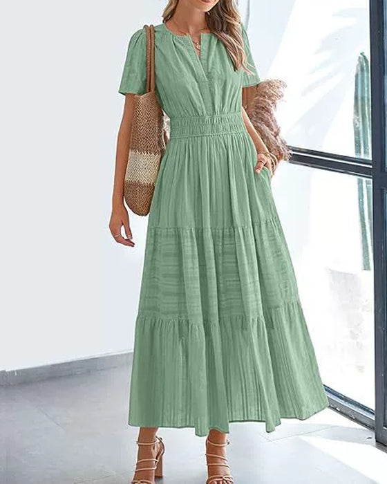 Kleid V-Ausschnitt Gerafft Puffärmel Kurzarm