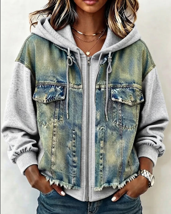 Mantel Denim Patchwork Mit Kapuze Sweatshirt