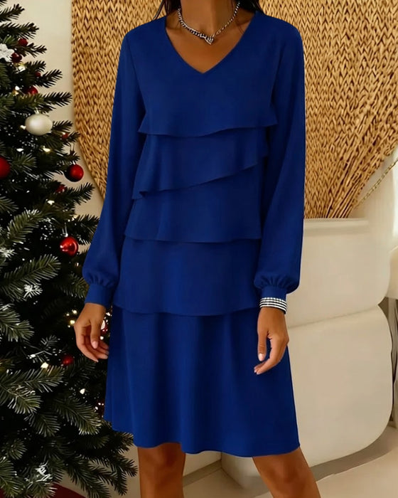 Kleid V-Ausschnitt Langarm Stufen Schicht