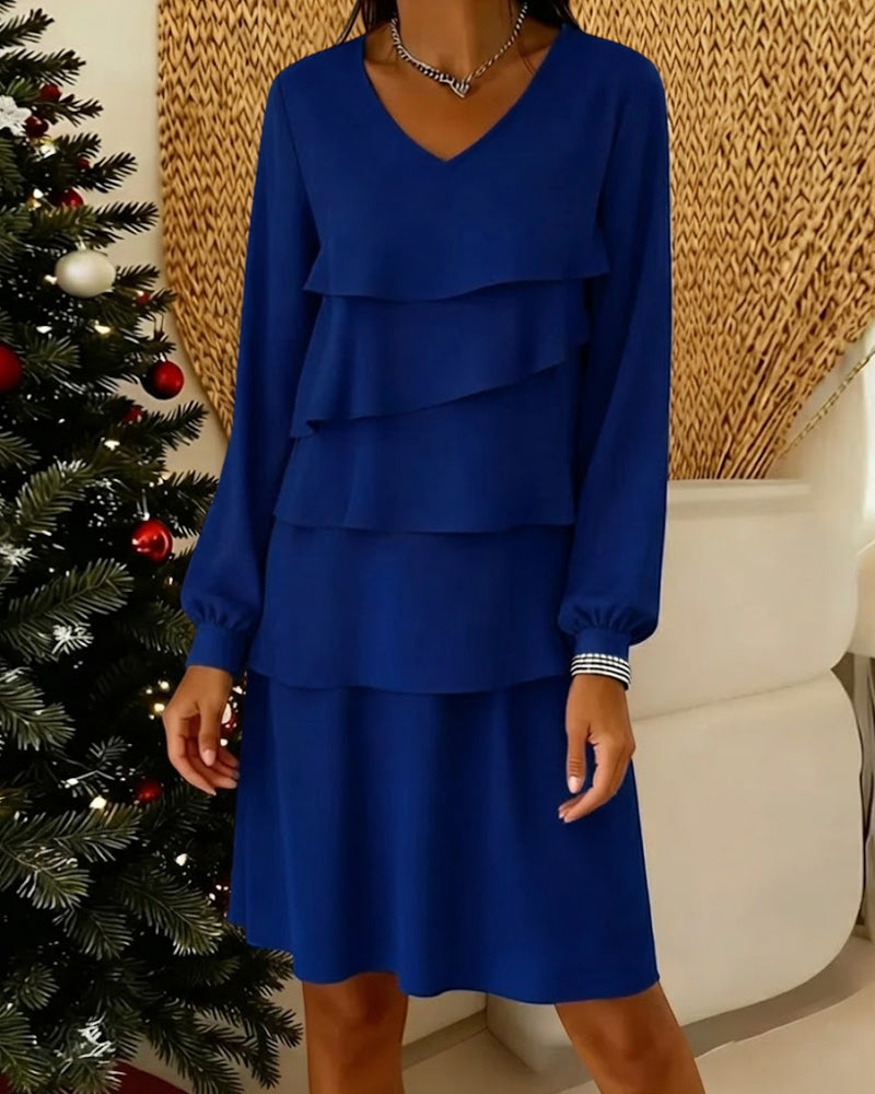 Kleid V-Ausschnitt Langarm Stufen Schicht