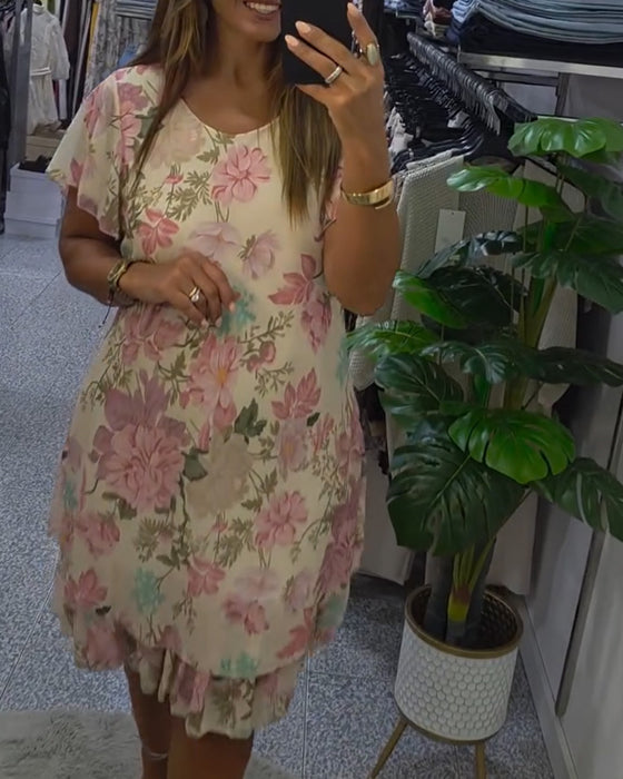 Kleid Rundhals Blumig Doppelte Schicht