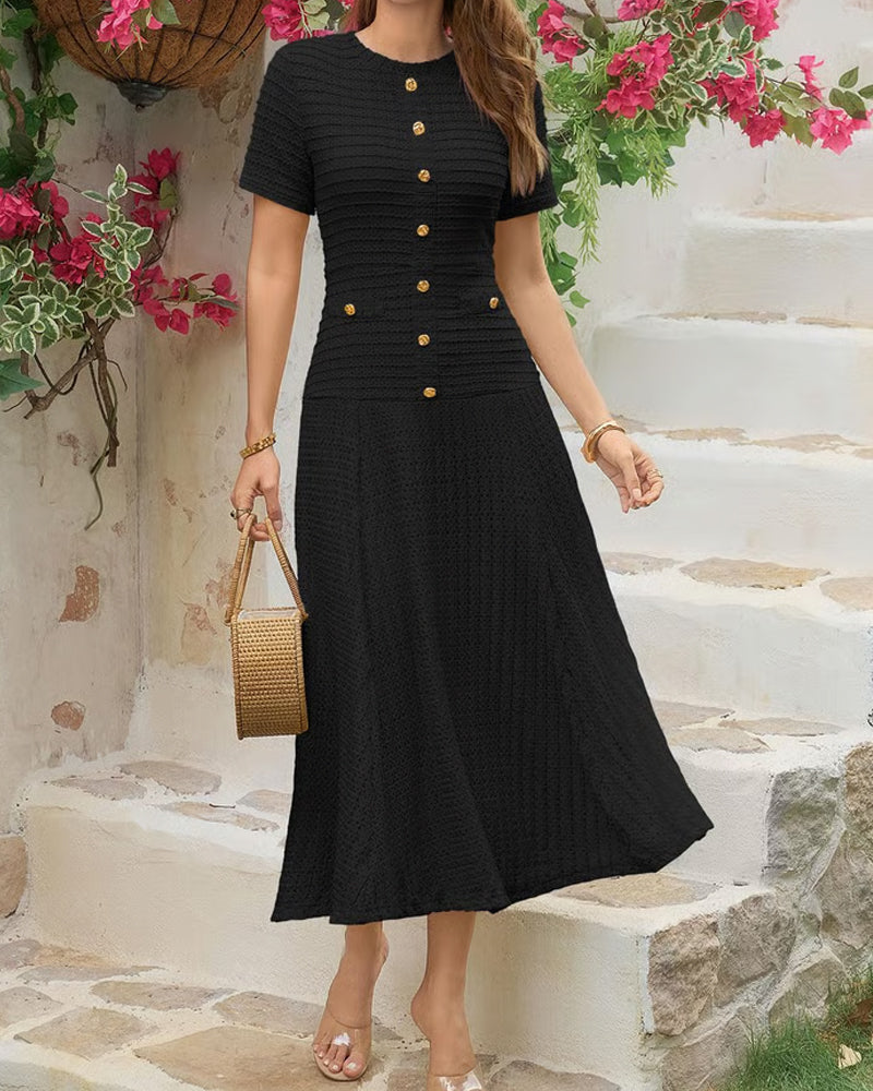 Kleid Rundhals Slim Fit Knopf Patchwork