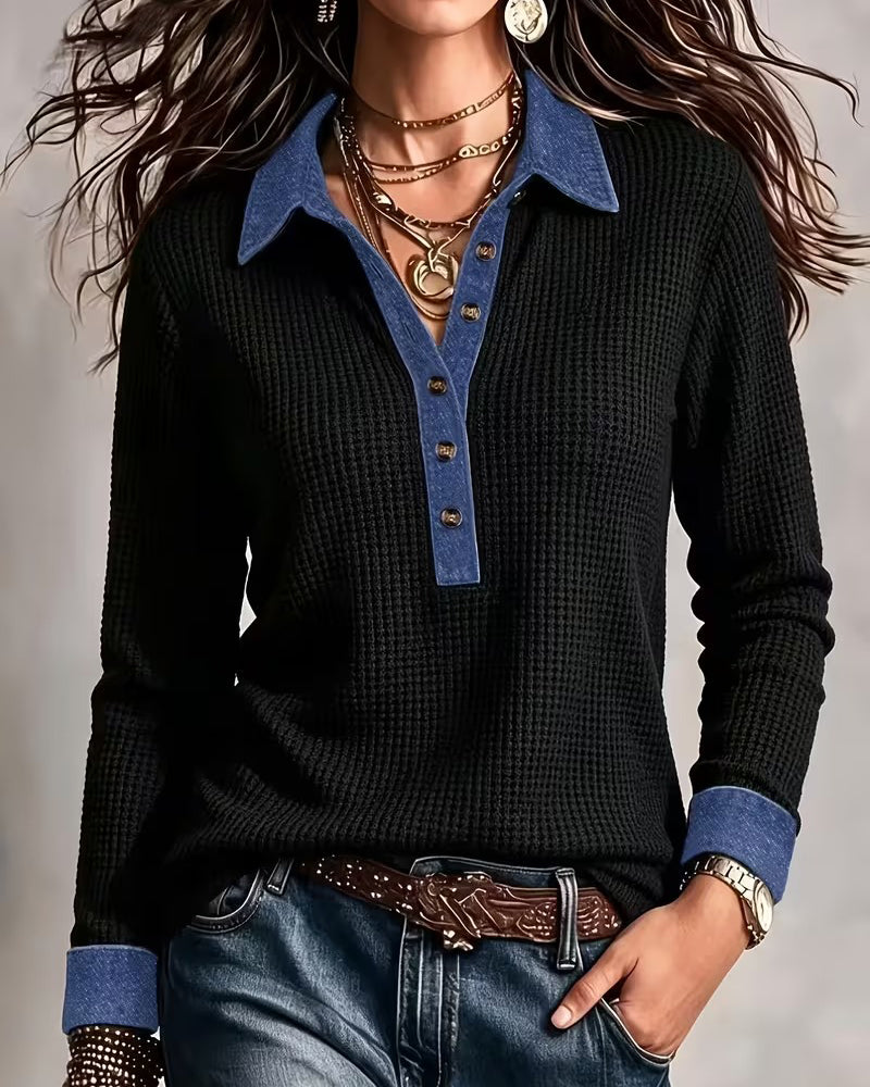 Bluse Locker Denim Kragen Panel Langarm